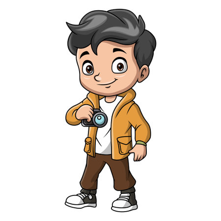 Cute little boy cartoon with digital cameraのイラスト素材