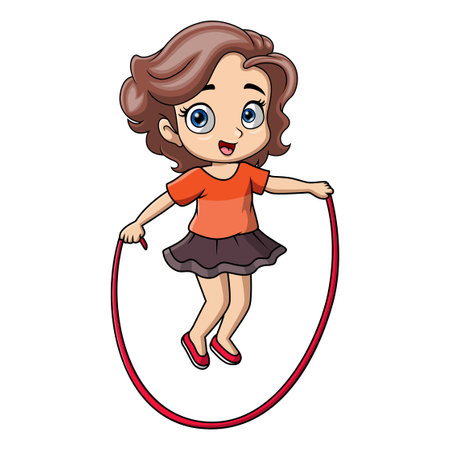 Cute little girl cartoon playing jumping ropeのイラスト素材
