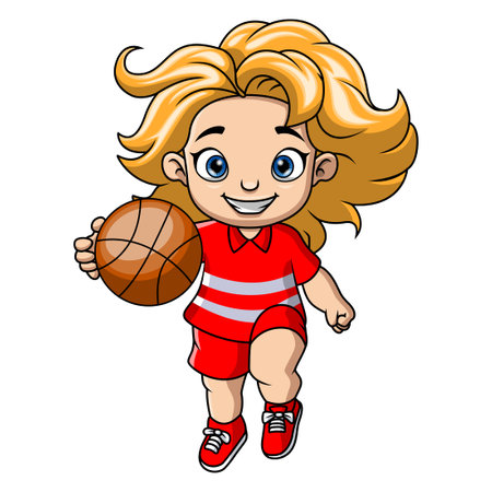 Cute little girl cartoon playing basketballのイラスト素材