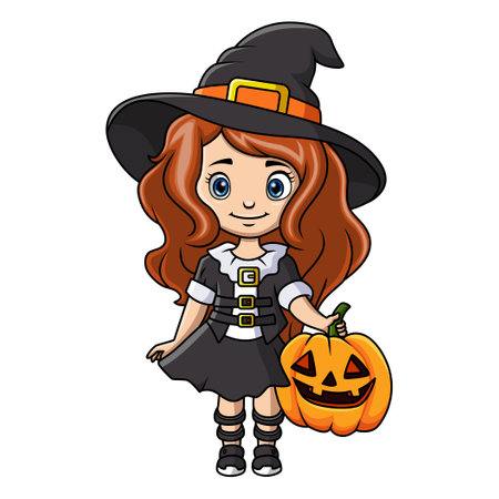 Cute little witch girl cartoon with a pumpkinのイラスト素材