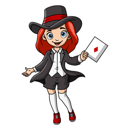 Cute magician girl cartoon playing a cardsのイラスト素材