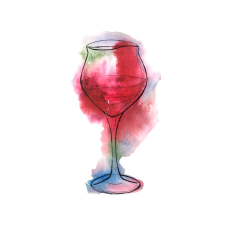 Illustration of a glass with red wine on a watercolor backgroundの写真素材