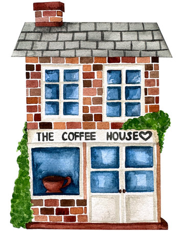 Cute fairytale coffee house with a tiled roof on a white background with watercolor illustration isolated on a white background. Hand-drawn set of suburban European houses.の写真素材