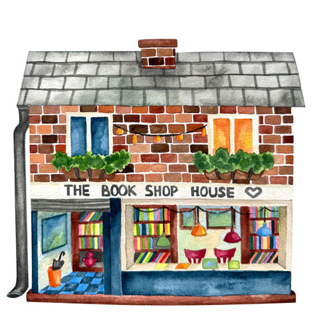 Cute fairytale book shop house with a tiled roof on a white background with watercolor illustration isolated on a white background. Hand-drawn set of suburban European houses.の写真素材