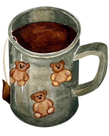 Watercolor illustration of mug with bear and tea on a white background isolated for the design of cards, packaging, logos, etc. Winter clip art set.の写真素材