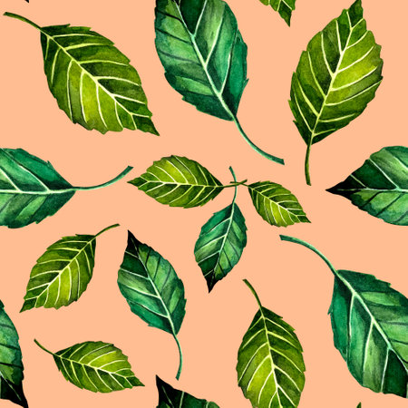 Apples leaves hand drawn seamless pattern watercolor illustration. Peach fuzz color.