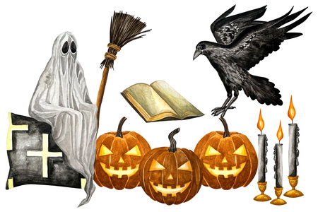 Watercolor set of autumn illustrations for Halloween with pumpkins, candles, raven, broom, witch, book. Happy Halloween party invitation or greeting card set for design of cards, pの写真素材