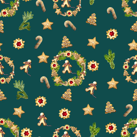 Christmas baking pattern with gingerbread houses, tree, cookies, candy cane.Cozy winter wallpaper. Watercolor illustration for wrapping paper, wallpaper, package design.の写真素材