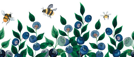 Seamless watercolour blueberry border with berries, leaves, bumblebee hand drawn isolated on whiteの写真素材