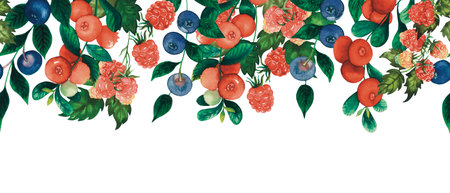 Seamless watercolour forest berries raspberry, blueberry, cranberry border with berries and leaves hand drawn isolated on whiteの写真素材