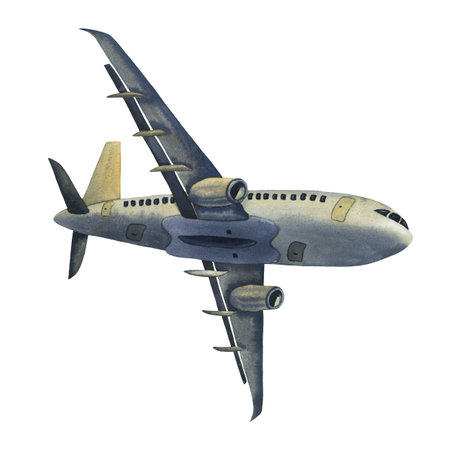 A plane, one turbine on wings flying into the air. Painted in watercolor isolated on a white background for an illustration of logistics, travellingの写真素材