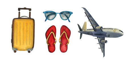 Travel watercolor set with decorative elements airplane, suitcase, flip-flops, sunglasses isolated on whiteの写真素材