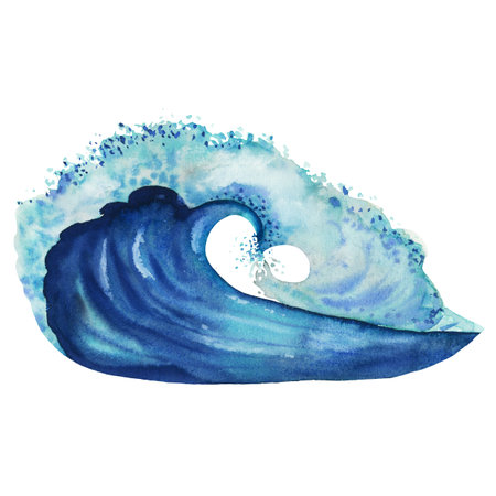Watercolour wave blue color with foam hand drawn isolated on whiteの写真素材