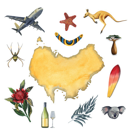 Travel Australia watercolor set with decorative elements airplane, continent, eucalyptus, boomerang, koala, kangaroo, surfboard, telopea, waratah, seastar, wine bottle and glass, spider, baobab isolated on whiteの写真素材