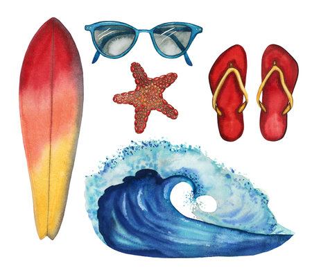 Travel watercolor set with surfboard, sunglasses, seastar, flip-flops, wave isolated on whiteの写真素材
