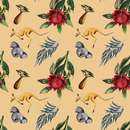 Travel Australia watercolour seamless pattern with decorative elements eucalyptus, koala, kangaroo, telopea, waratah isolatedの写真素材