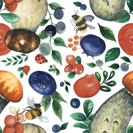 Seamless pattern of watercolour wild forest baby edible porcini mushroom with red mushroom ,blueberry and cranberry fruits, leaves and bumblebee. Isolated hand drawn illustration on white backgroundの写真素材