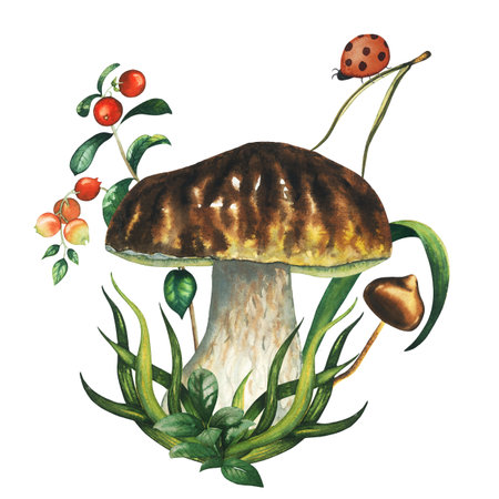Composition with watercolour wild forest porcini mushroom and cranberry, ladybug, a blade of grass. Isolated hand drawn illustration on white backgroundの写真素材