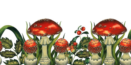 Seamless watercolour border with wild forest red fly agarics big and small mushrooms, leaves, cranberries. Isolated hand drawn illustration on white backgroundの写真素材