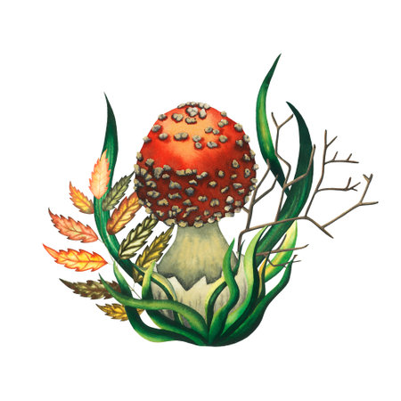 Watercolor red baby fly agaric composition with small mushrooms, leaves, herbs, branch. Isolated hand drawn illustration on white backgroundの写真素材