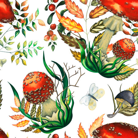 Watercolour seamless pattern with fly agarics big and small mushrooms compositions, autumn wild forest leaves, butterfly, fungus, branches, lingonberry, cranberry, and blueberry herbs hand drawn illustration on white backgroundの写真素材