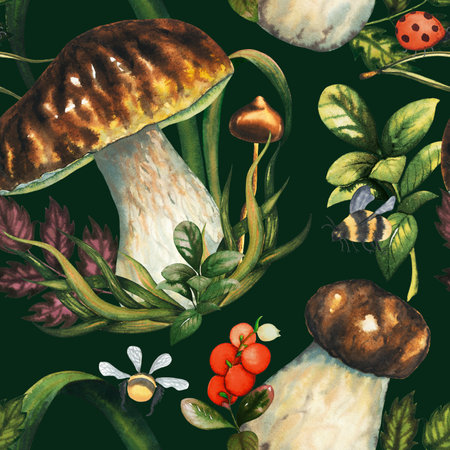 Seamless watercolour mushrooms pattern with porcini, leaves, cranberries, pine needle, bumblebee, ladybug. Isolated hand drawn illustration on dark backgroundの写真素材