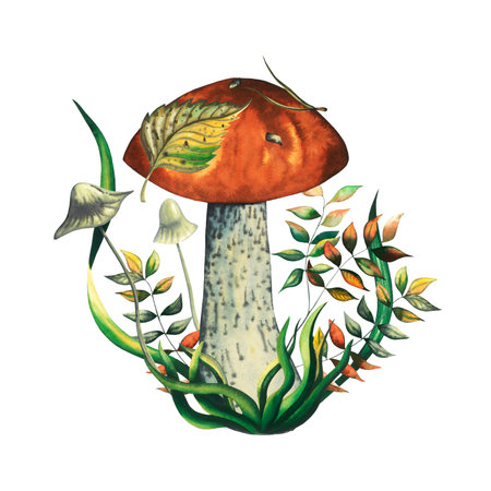 Composition with watercolour wild forest leccinum aurantiacum red edible mushroom with leaves, toadstools, blueberry branch and pine needle. Isolated hand drawn illustration on white backgroundの写真素材
