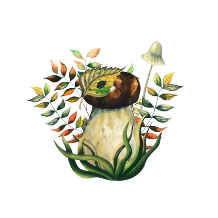 Composition of watercolour wild forest baby edible porcini mushroom with colourful leaves, herbage, fungus and black bug. Isolated hand drawn illustration on white backgroundの写真素材
