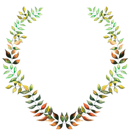 Watercolour wreath frame with autumn wild forest leaves and blueberry herbs hand drawn illustration for greeting card, wedding decoration, product decoration. On white backgroundの写真素材
