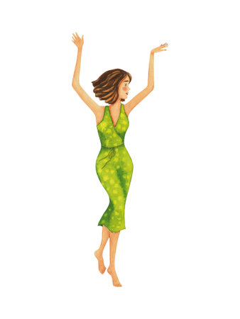 Beautiful girl with brown hair in a green dress dancing. Romantic cartoon character. Hand drawn watercolour illustration isolated on whiteの写真素材