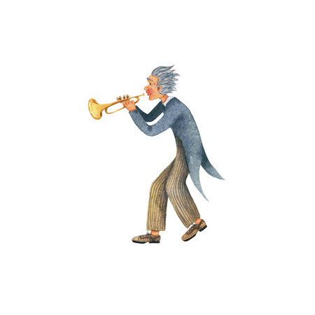 An elderly man playing on trumpet. Walking musician character. Watercolour illustration hand drawn isolated on white.の写真素材