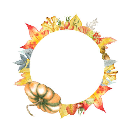 Autumn leaves watercolor round frame with pumpkin oak rose hip Rowanberry ash, acorn, wild ash, ginkgo, abstract herbs. Wreath for background, decoration, product, greeting card, banner. Halloween thanksgiving decorの写真素材