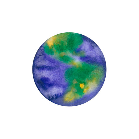 Watercolor planet Earth. Hand drawn space illustration isolated on white. Watercolour drop and splash for decorationの写真素材