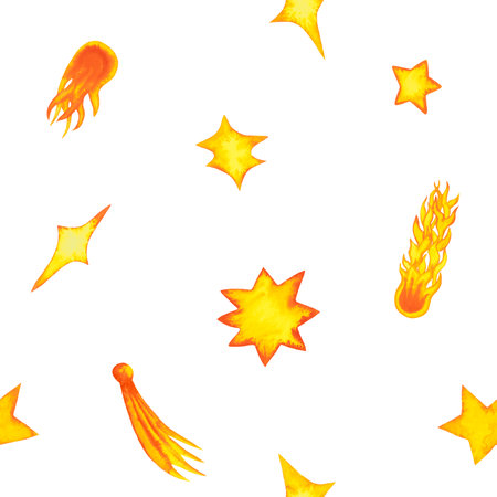 Stars and comet seamless pattern. Hand drawn watercolor illustration isolated on white. Background for website, banner, card. Wrapping paper, birthday decorの写真素材