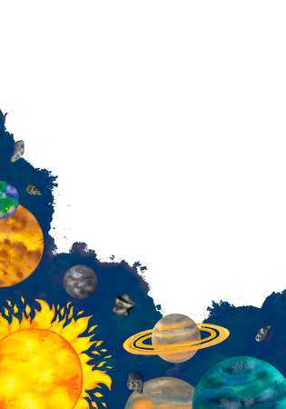 Space cosmos poster template with place for text. Watercolor illustration isolated on white with the sun, Saturn, Earth, planets, asteroid, star and blue sky wallpaper. Print for cosmo party, school astronomy day, planetarium advertisement templateの写真素材