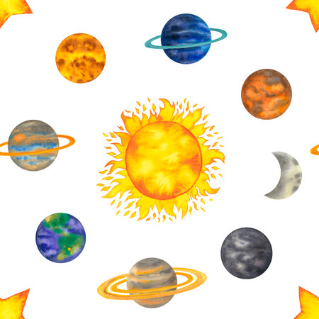 Watercolor seamless pattern with planets around the sun. Solar system planet mercury, venus, earth, mars, jupiter, saturn, uranus, neptune and luna, star. Background with cartoon planet and the Sun. Cosmos astronomy illustration. Hand drawn isolated on whiteの写真素材