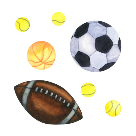 Watercolor balls. American football, soccer, tennis, buscketball ball. Hand drawn illustration isolated on whiteの写真素材