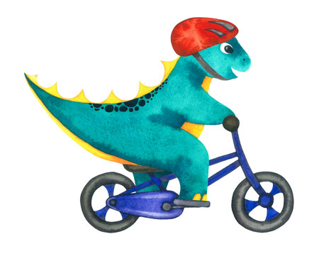 Cute Baby watercolour sport Dinosaur on red bicycle. Sports equipment. Hand drawn illustration isolated on whiteの写真素材
