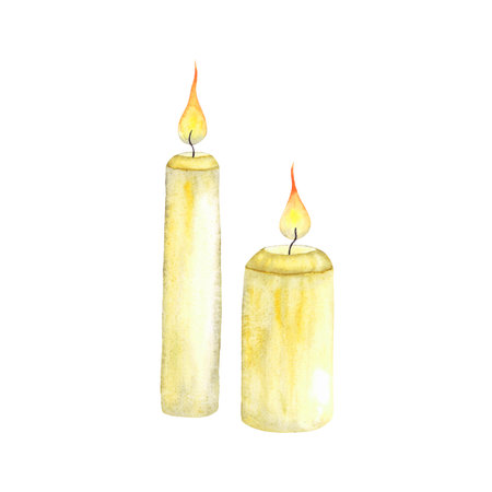 Watercolour white candles with fire. Hand drawn illustration, cozy decorations for Christmas, halloween, easterの写真素材