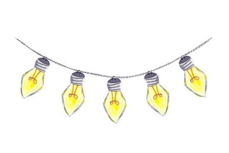 Watercolour glass garland with five yellow bulbs. Hand drawn illustration isolated on whiteの写真素材