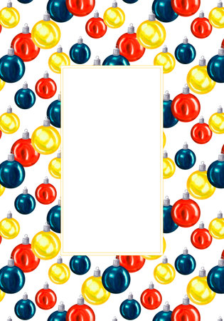 Watercolour seaChristmas new year card template with glass balls red blue and yellow. Hand drawn illustration isolated on whiteの写真素材