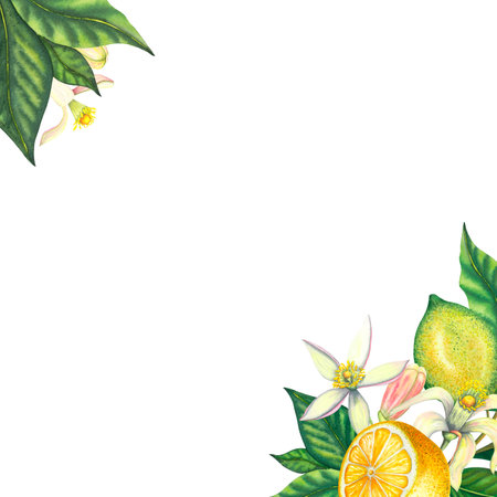 Watercolor frame of blooming lemons and lime branch with leaves, pink flowers, cut lemon and green lemon. Hand painted yellow fruits and flower isolated on white background. Fresh citrus illustration for design, print, fabric, decorの写真素材