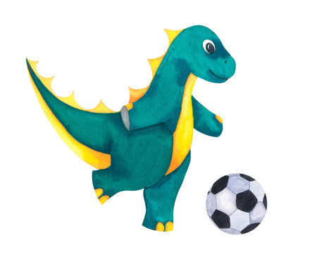 Cute Baby watercolour sport Dinosaur with soccer football ball. Sports equipment. Hand drawn illustration blue green and yellow isolated on whiteの写真素材