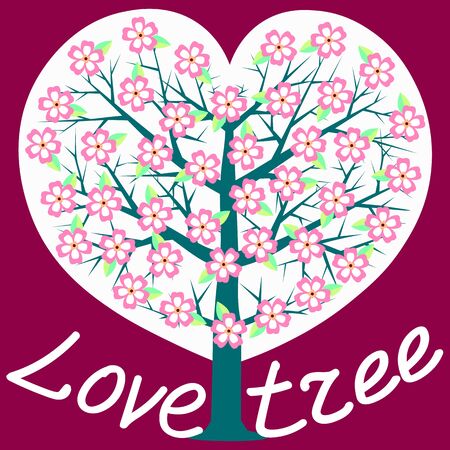 Blooming tree of love in the form of a heart. Cherry sakura flowersのイラスト素材