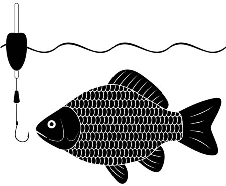 Crucian stares at an empty hook, engraving. Fishing tackle fishing line with a float cargo and hook. Vector illustration.のイラスト素材