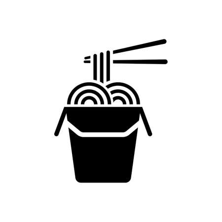 Chinese noodles in paper box and chopsticks glyph icon. Wok noodles. Silhouette symbol. Negative space. Vector isolated illustrationのイラスト素材