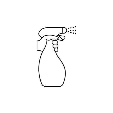 Hand holding a spray bottle line icon. Cleaning, disinfection concept. Antiseptic liquid for virus prevention. Alcohol sanitizer dispenser. Black outline on white background. Line vector sign.のイラスト素材