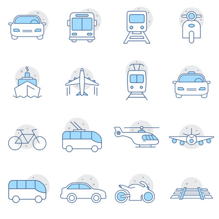 Simple set of transport vehicles vector line icons. contains airplane, car, motorcycle, boat, train etc. icons, perfect for any purpose. Web design, mobile app.のイラスト素材