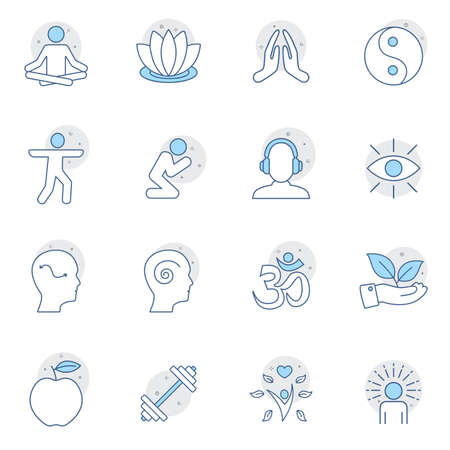 Meditation Practice and Yoga Vector Line Icons Set. Relaxation, Inner Peace, Self-knowledge, Inner Concentration. Web design, mobile app.のイラスト素材