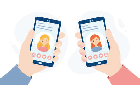 Dating service for the lgbtq community. People meeting through an online dating app. Hands holding smartphones.のイラスト素材